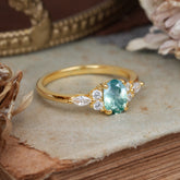 Oval Cut Moss Agate Classic Side Stone Engagement Ring